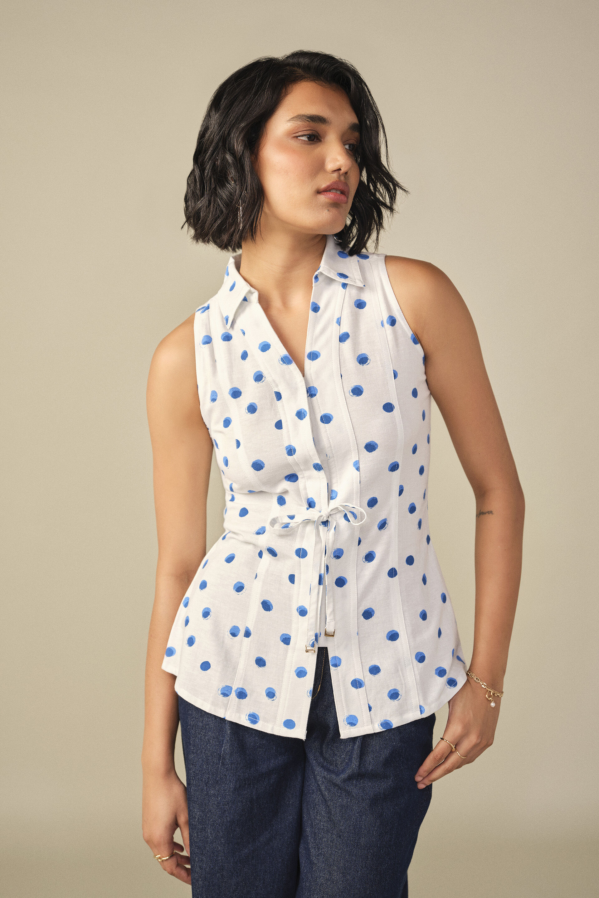 Polka Tapered Top in White, White, image 1